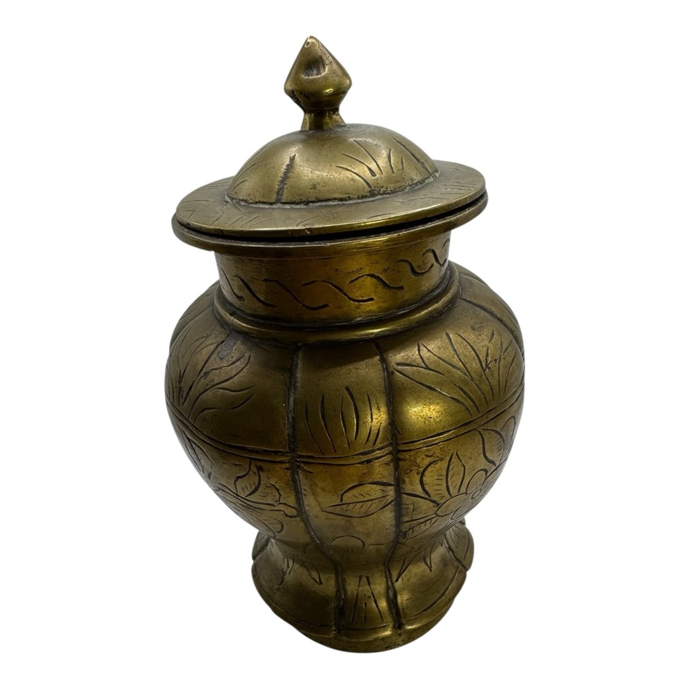 Vintage Brass Lidded Jar 5.25” Etched Floral Decorative Urn Canister